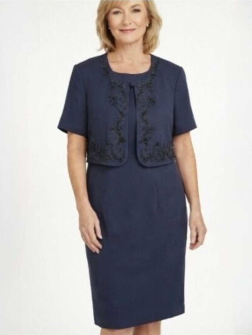 Marianna Navy Short Sleeve Cocktail Party Dress W/ Beaded Faux Jacket Size 12